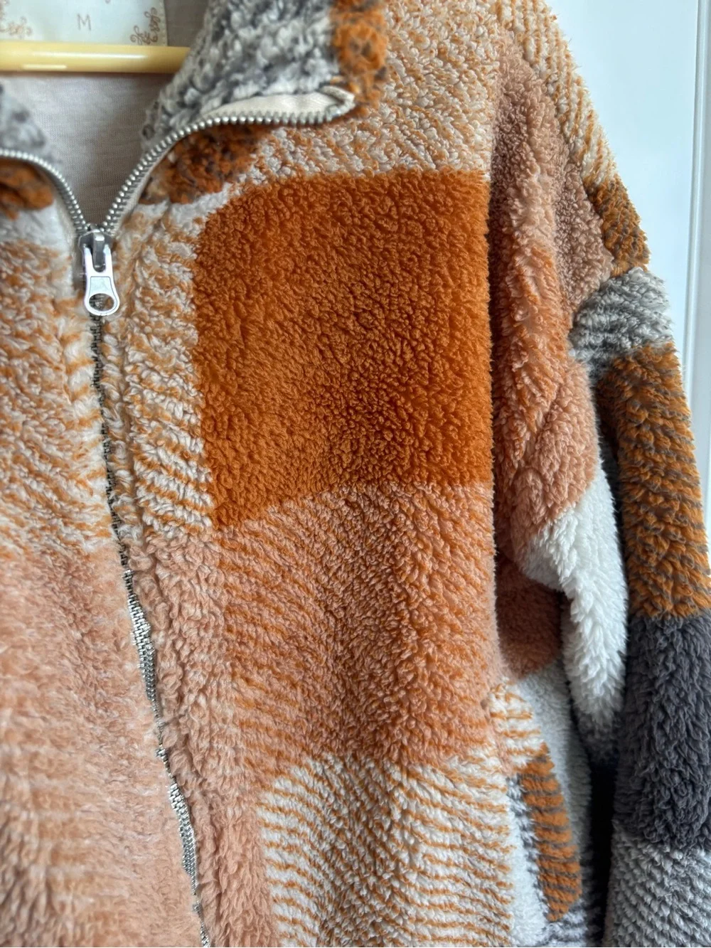 Altar’d State Cozy Sherpa Zip Jacket in Rust & Gray Plaid - Picture 2 of 4